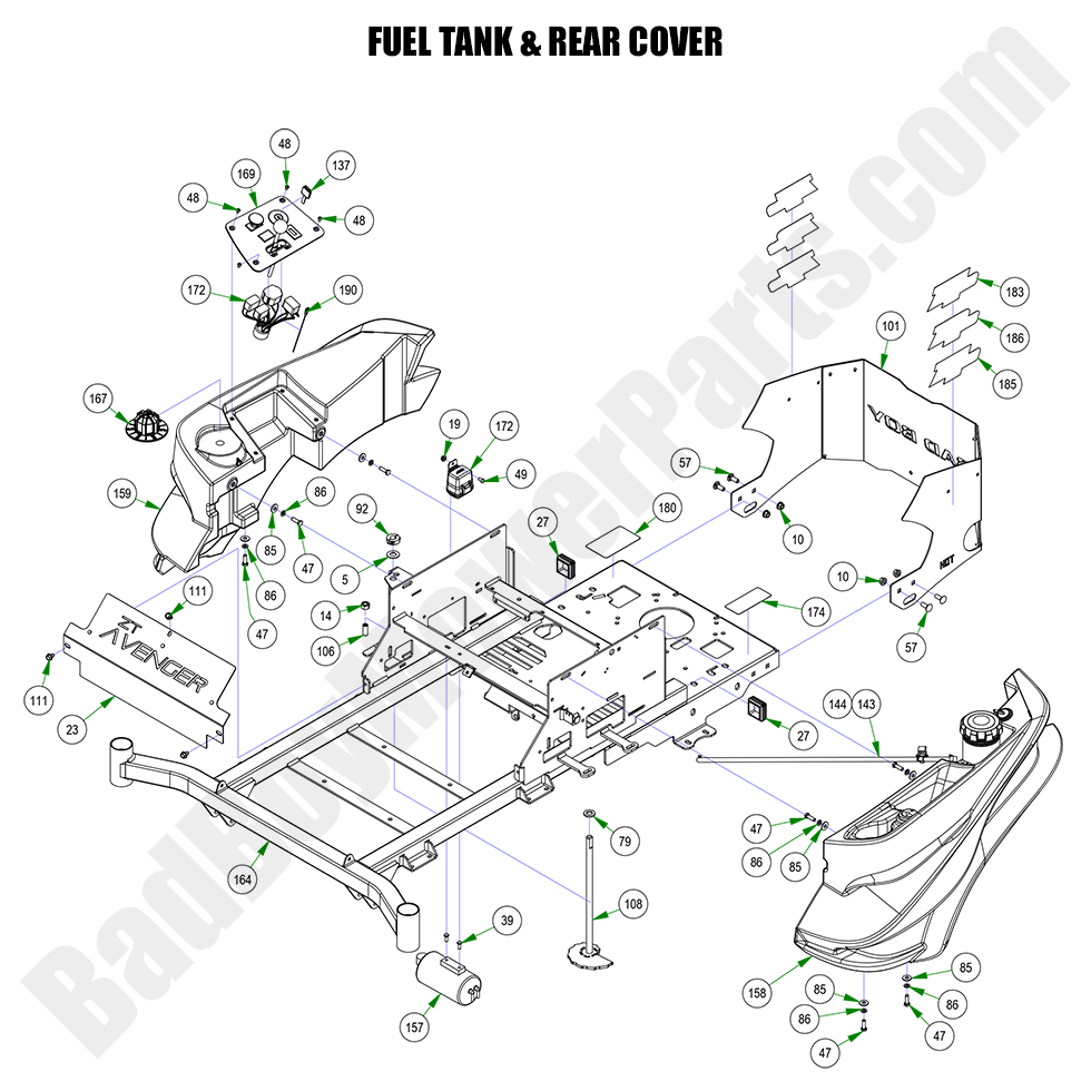3274 - Bad Boy Mower Parts Lookup > 2023 > ZT Avenger > Fuel Tank & Rear Cover